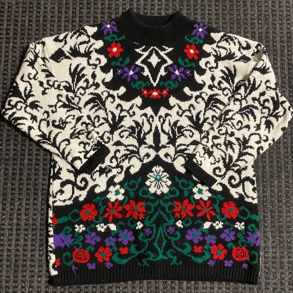Vtg Sweater Exchange Womens Large Black & White Floral